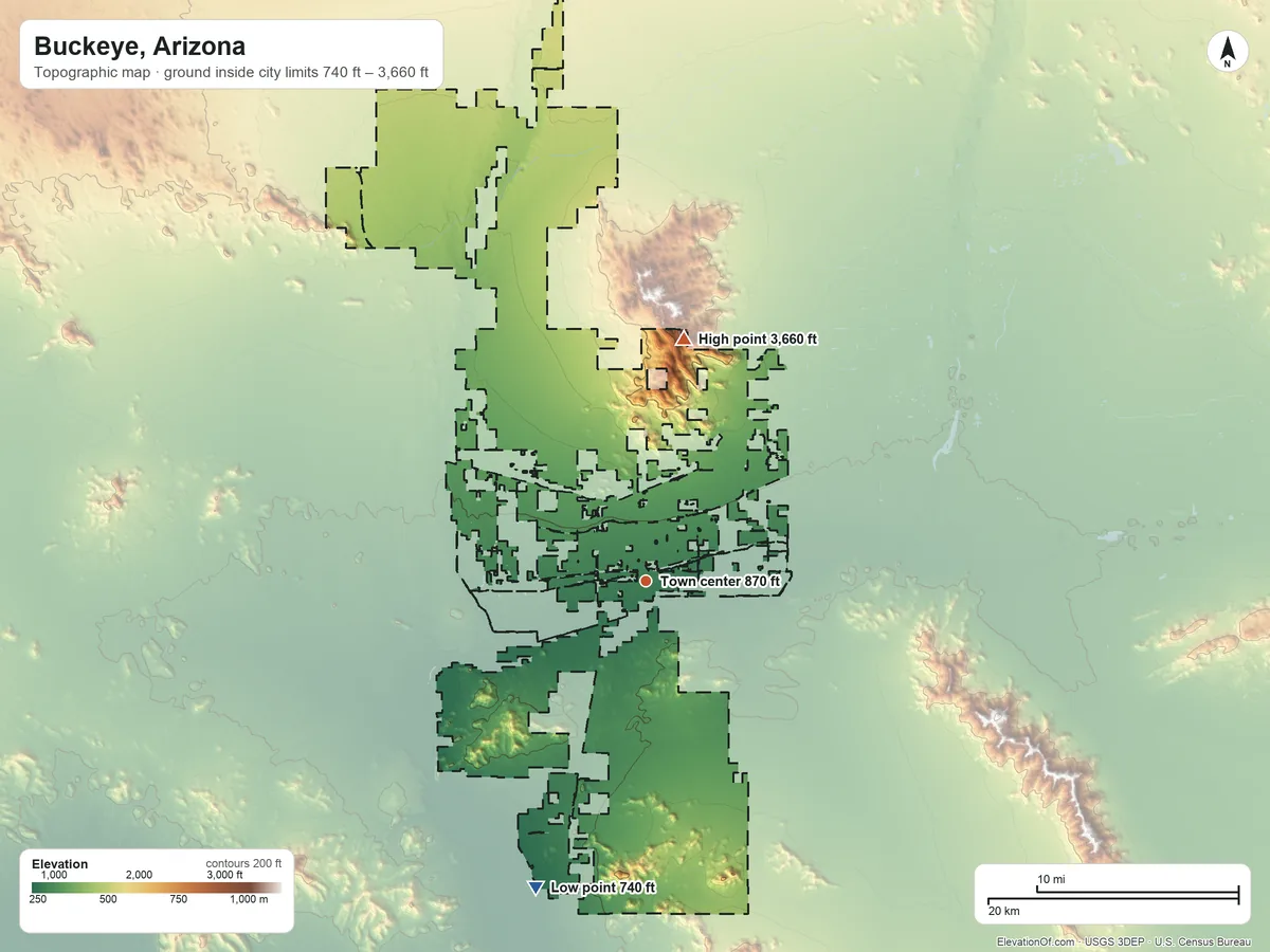 Topographic elevation map of Buckeye, Arizona, shaded from 740 ft on the south side to 3,660 ft at the foot of the White Tank Mountains