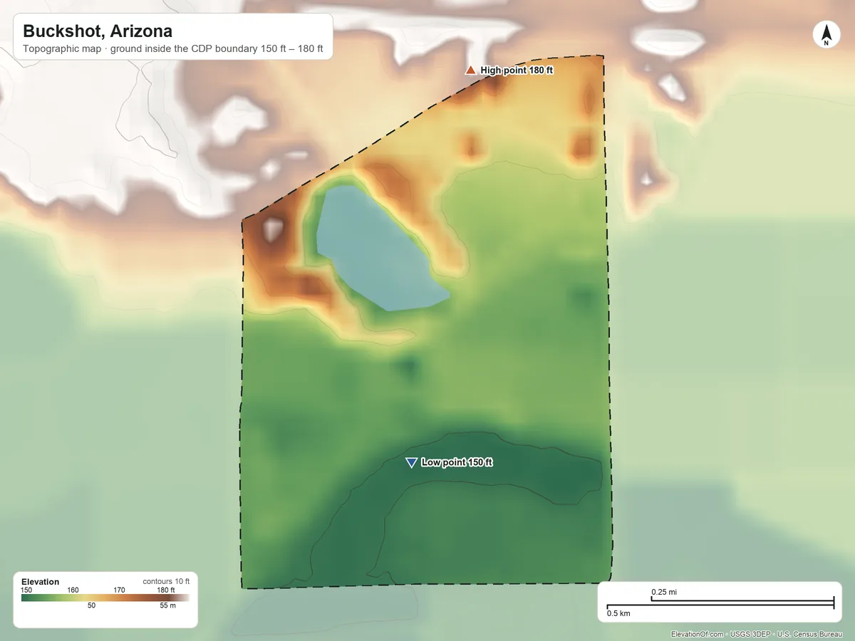 Topographic elevation map of Buckshot, Arizona, shaded from 150 ft on the southeast side to 180 ft at the foot of the Muggins Mountains