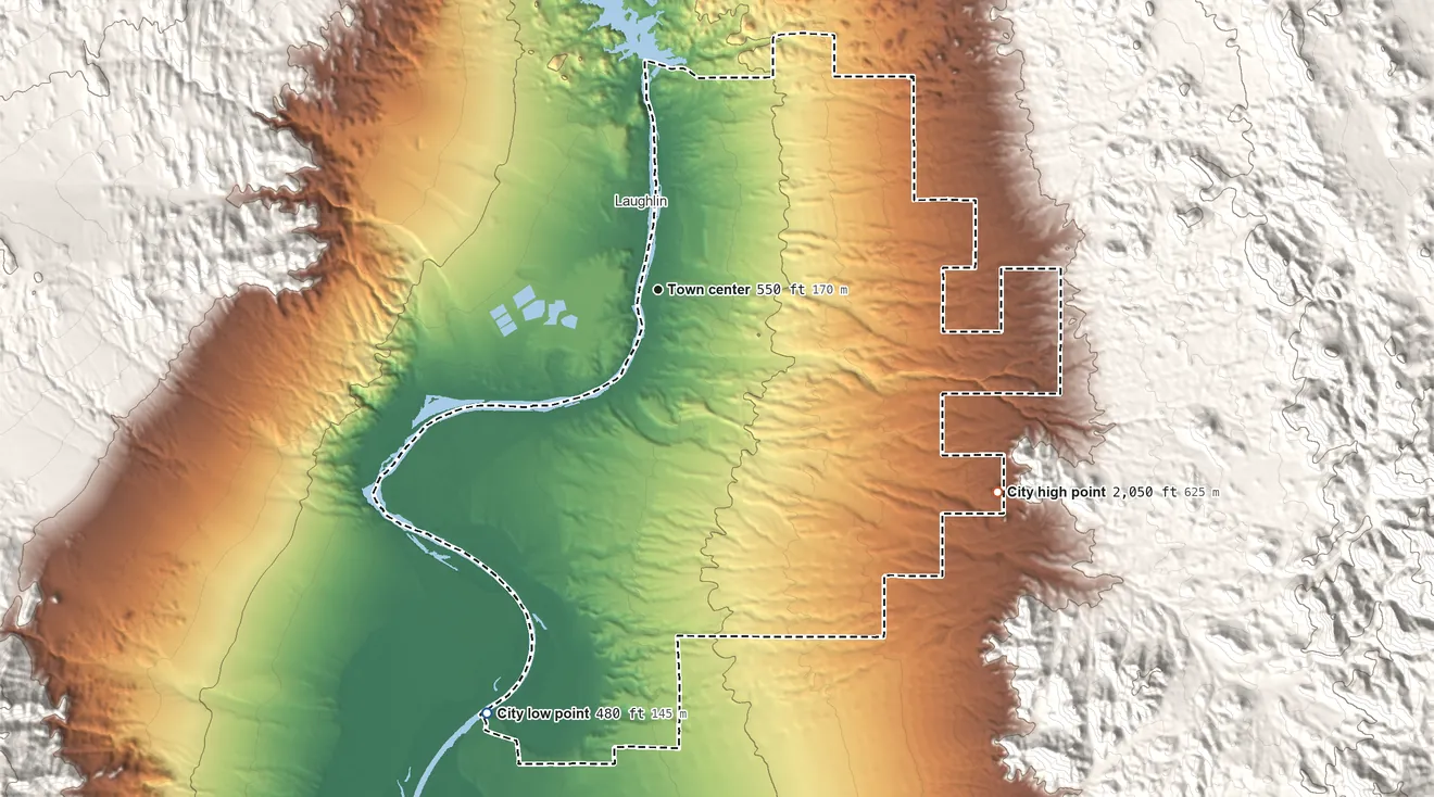 Topographic elevation map of Bullhead City, Arizona, shaded from 480 ft on the south side to 2,050 ft at the foot of the Ute Mountains