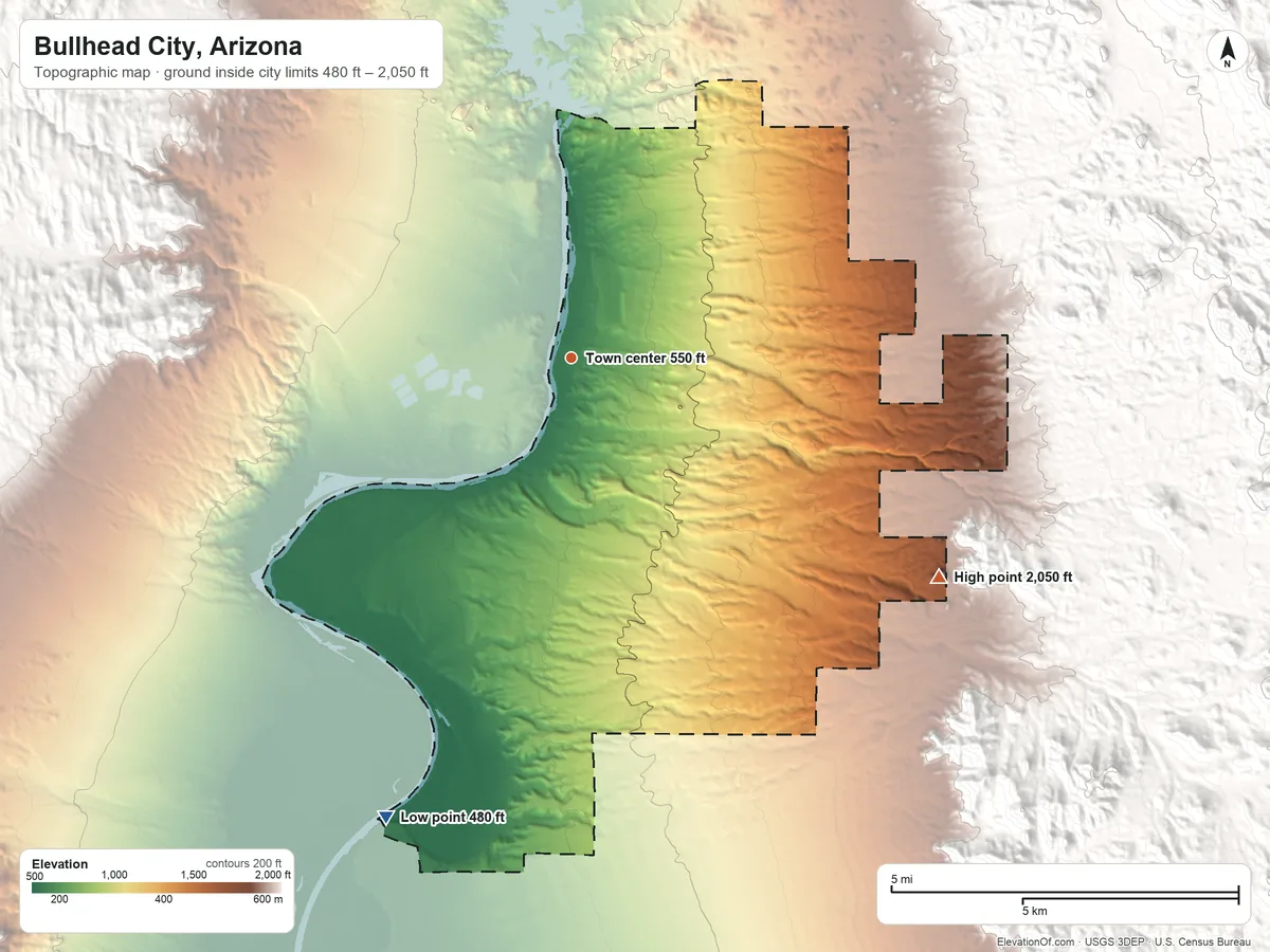 Topographic elevation map of Bullhead City, Arizona, shaded from 480 ft on the south side to 2,050 ft at the foot of the Ute Mountains