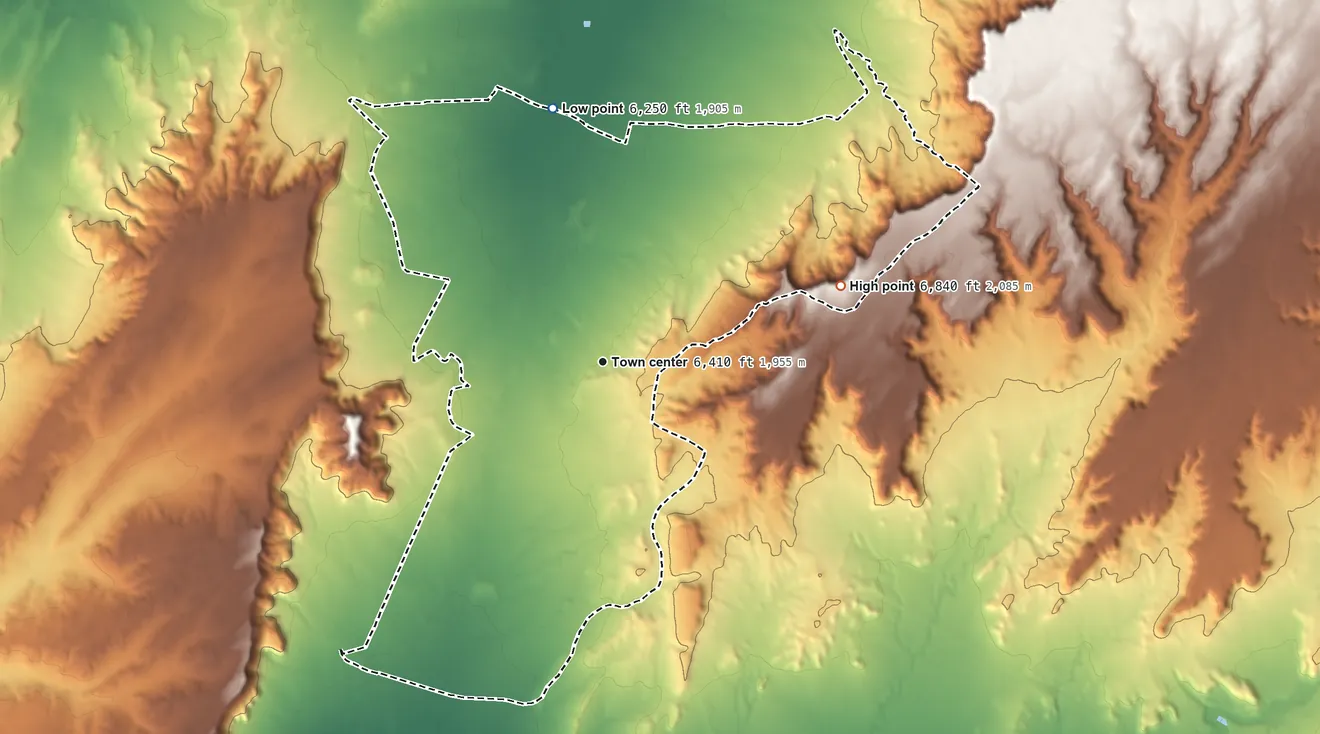 Topographic elevation map of Burnside, Arizona, shaded from 6,250 ft on the north side to 6,840 ft on the east side