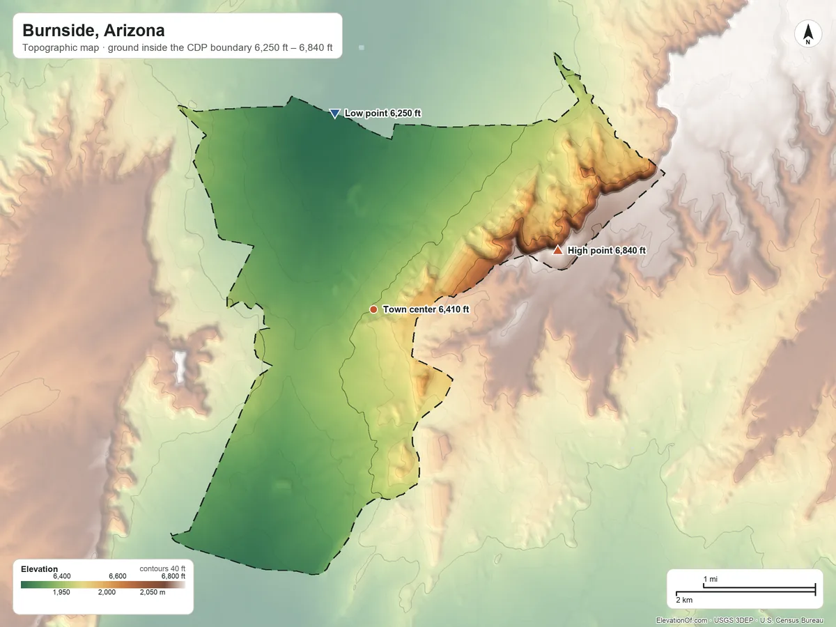 Topographic elevation map of Burnside, Arizona, shaded from 6,250 ft on the north side to 6,840 ft on the east side
