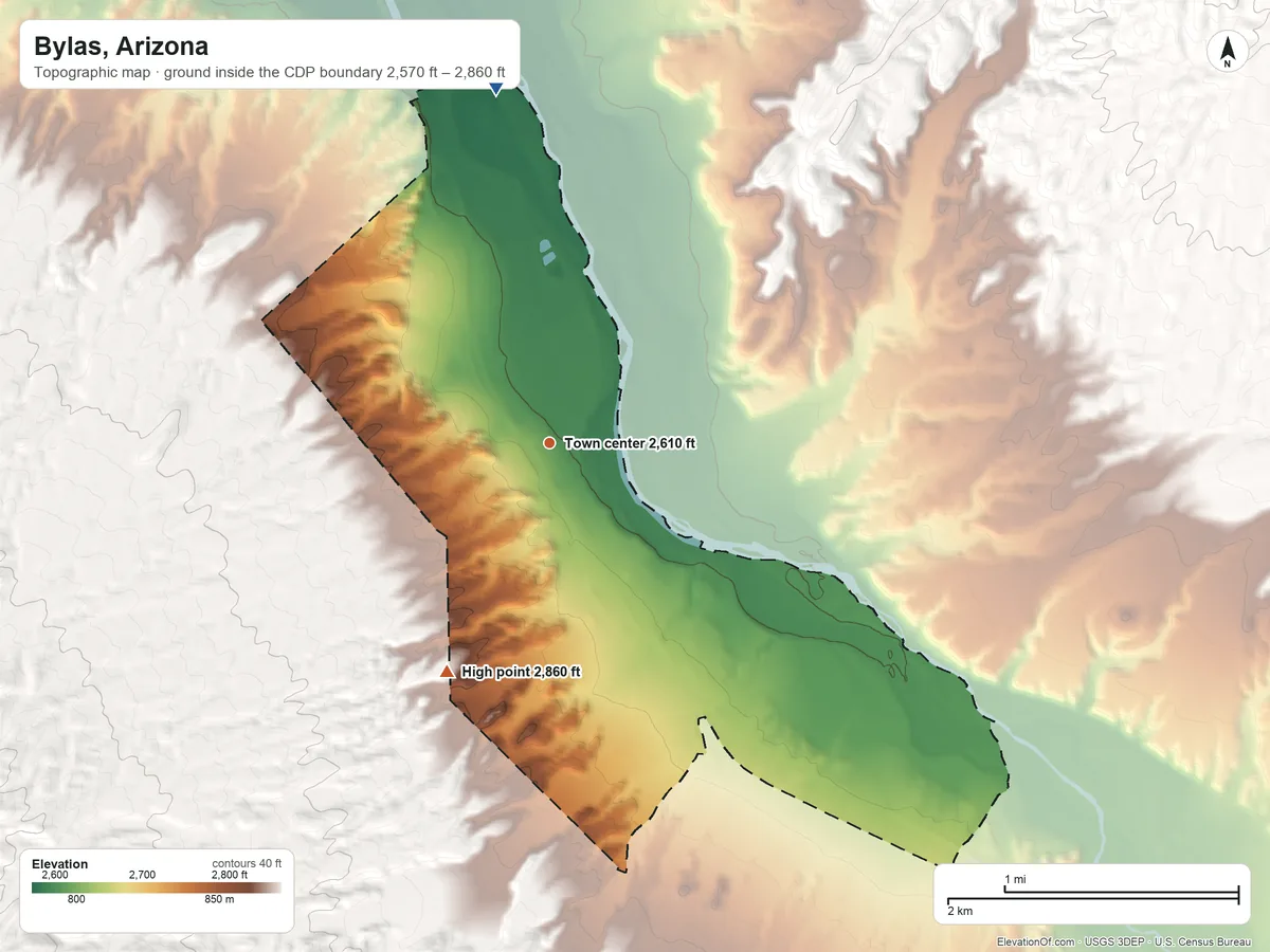 Topographic elevation map of Bylas, Arizona, shaded from 2,570 ft on the north side to 2,860 ft at the foot of the Santa Teresa Mountains