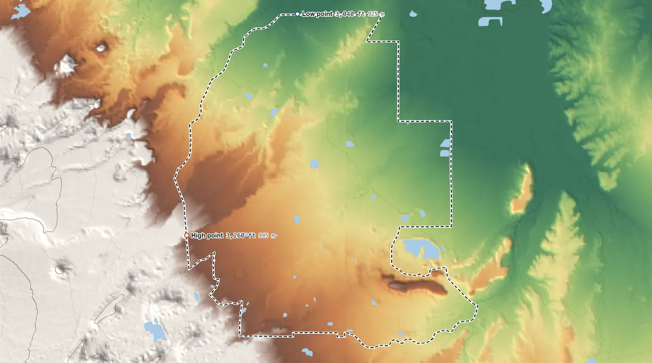 Topographic elevation map of Cactus Flats, Arizona, shaded from 3,040 ft on the north side to 3,260 ft at the foot of the Pinaleno Mountains