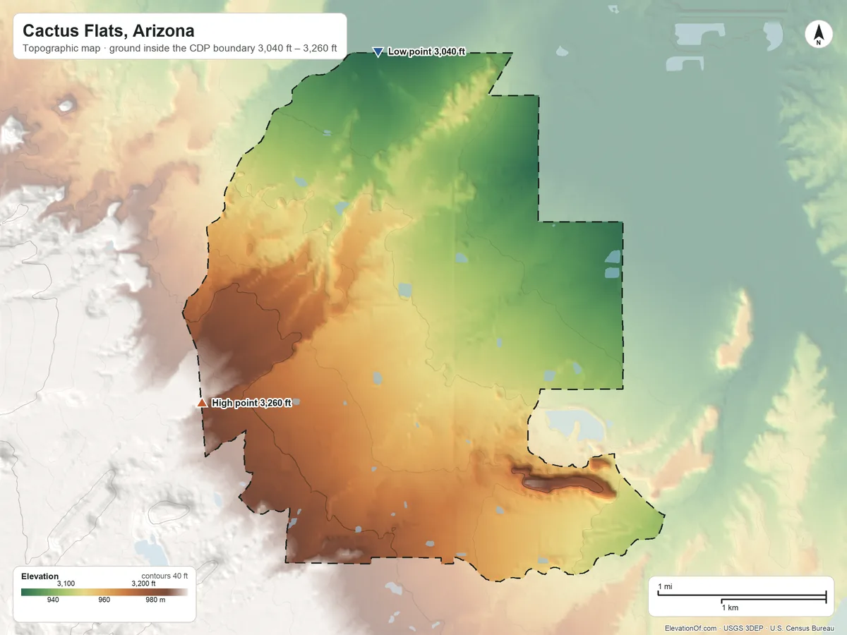 Topographic elevation map of Cactus Flats, Arizona, shaded from 3,040 ft on the north side to 3,260 ft at the foot of the Pinaleno Mountains