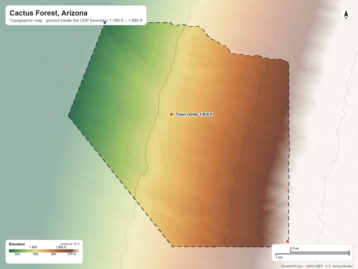 Topographic elevation map of Cactus Forest, Arizona, shaded from 1,760 ft on the northwest side to 1,880 ft on the southeast side