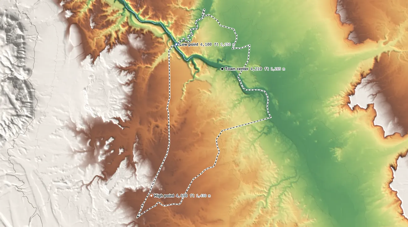Topographic elevation map of Cameron, Arizona, shaded from 4,100 ft on the northwest side to 4,690 ft on the southwest side