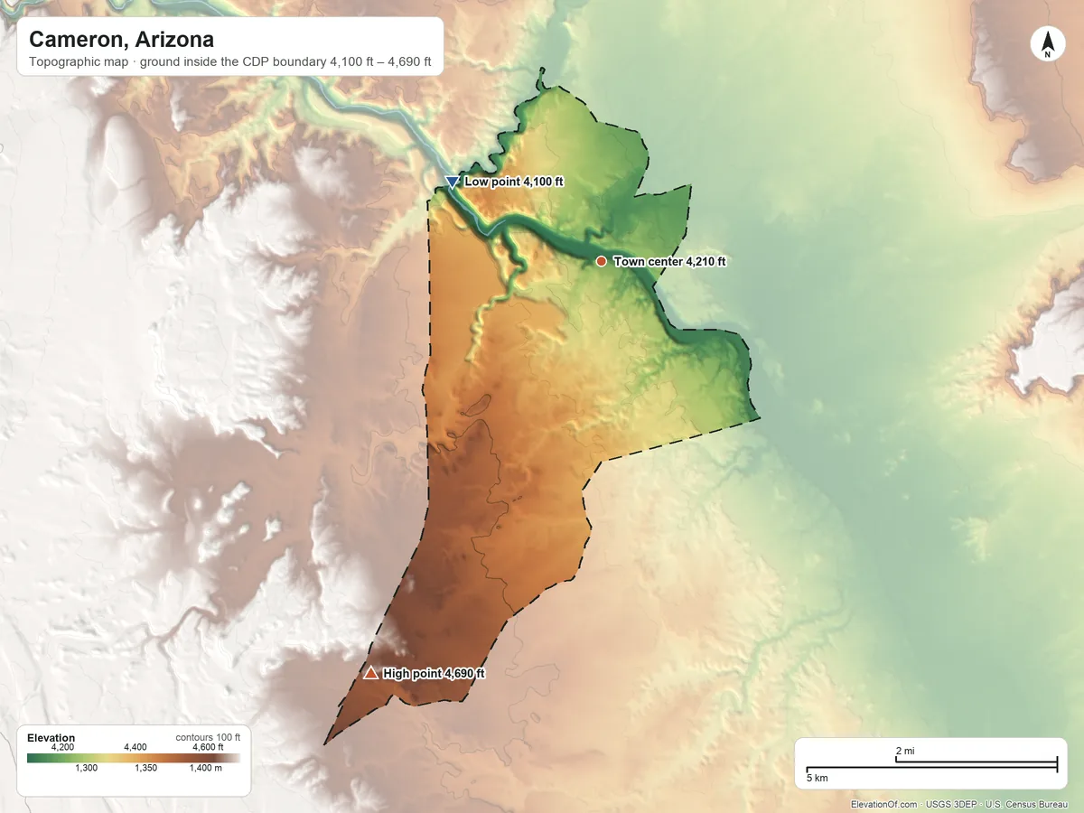 Topographic elevation map of Cameron, Arizona, shaded from 4,100 ft on the northwest side to 4,690 ft on the southwest side
