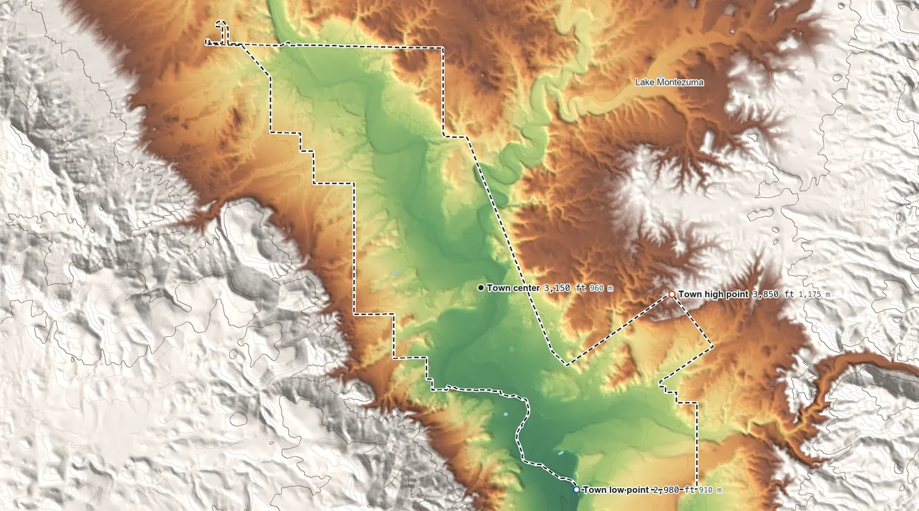 Topographic elevation map of Camp Verde, Arizona, shaded from 2,980 ft on the southeast side to 3,850 ft on the east side