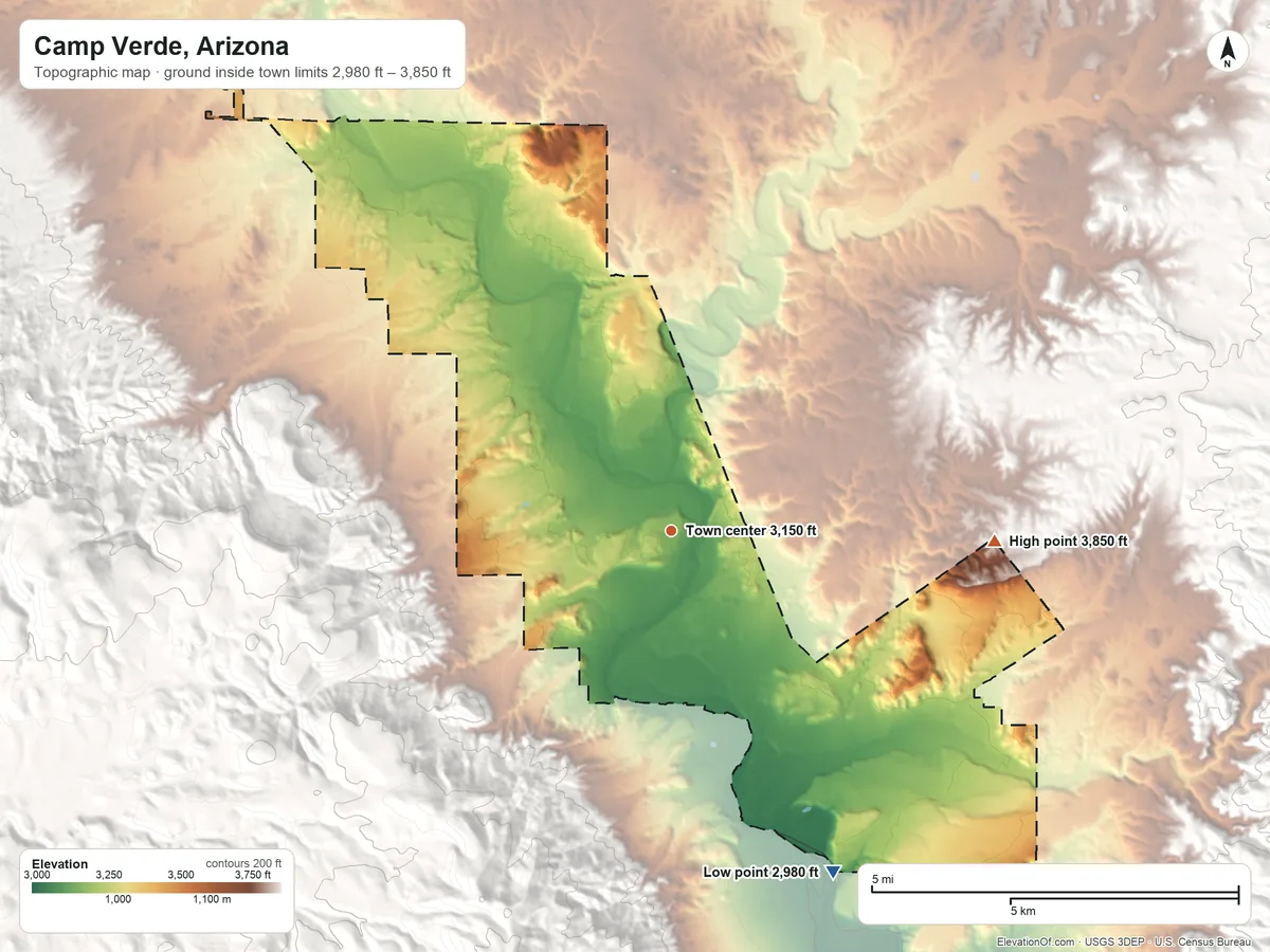Topographic elevation map of Camp Verde, Arizona, shaded from 2,980 ft on the southeast side to 3,850 ft on the east side