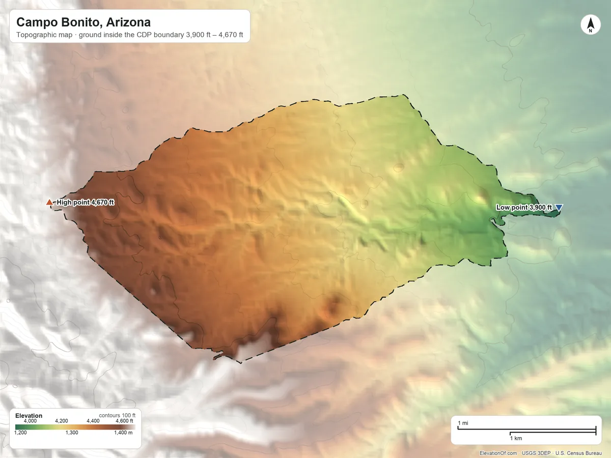 Topographic elevation map of Campo Bonito, Arizona, shaded from 3,900 ft on the east side to 4,670 ft at the foot of the Santa Catalina Mountains