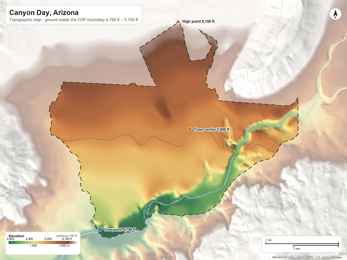 Topographic elevation map of Canyon Day, Arizona, shaded from 4,790 ft on the southwest side to 5,150 ft on the north edge, below higher ground just outside