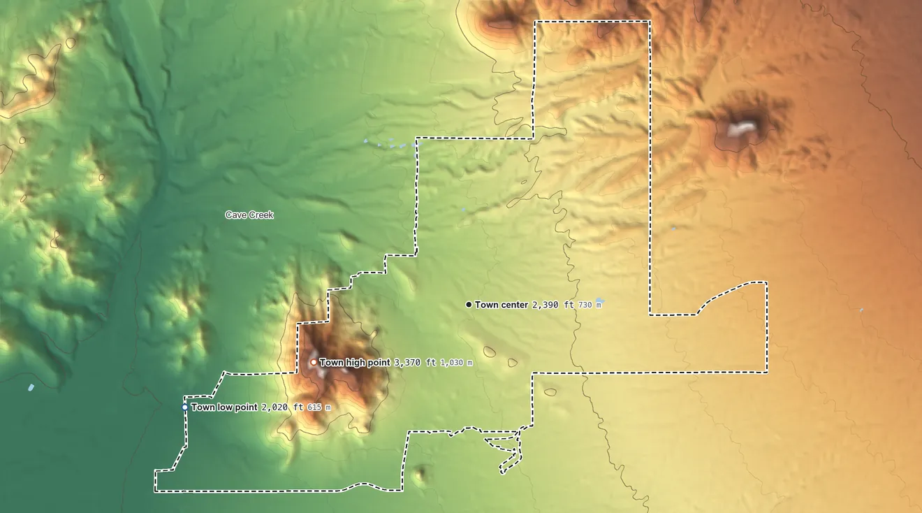 Topographic elevation map of Carefree, Arizona, shaded from 2,020 ft on the west side to 3,370 ft on Black Mountain
