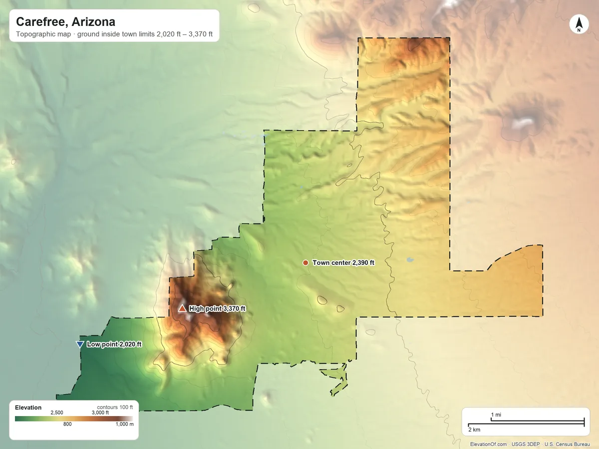 Topographic elevation map of Carefree, Arizona, shaded from 2,020 ft on the west side to 3,370 ft on Black Mountain