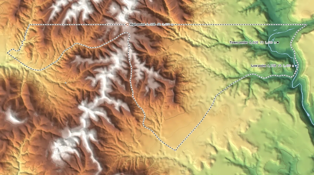 Topographic elevation map of Carrizo, Arizona, shaded from 4,750 ft near the middle to 6,130 ft on the west side
