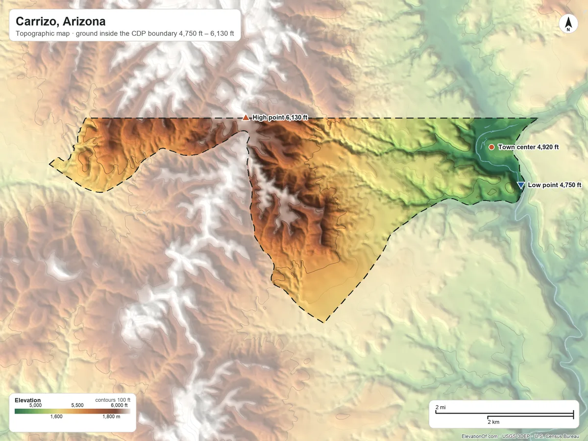 Topographic elevation map of Carrizo, Arizona, shaded from 4,750 ft near the middle to 6,130 ft on the west side