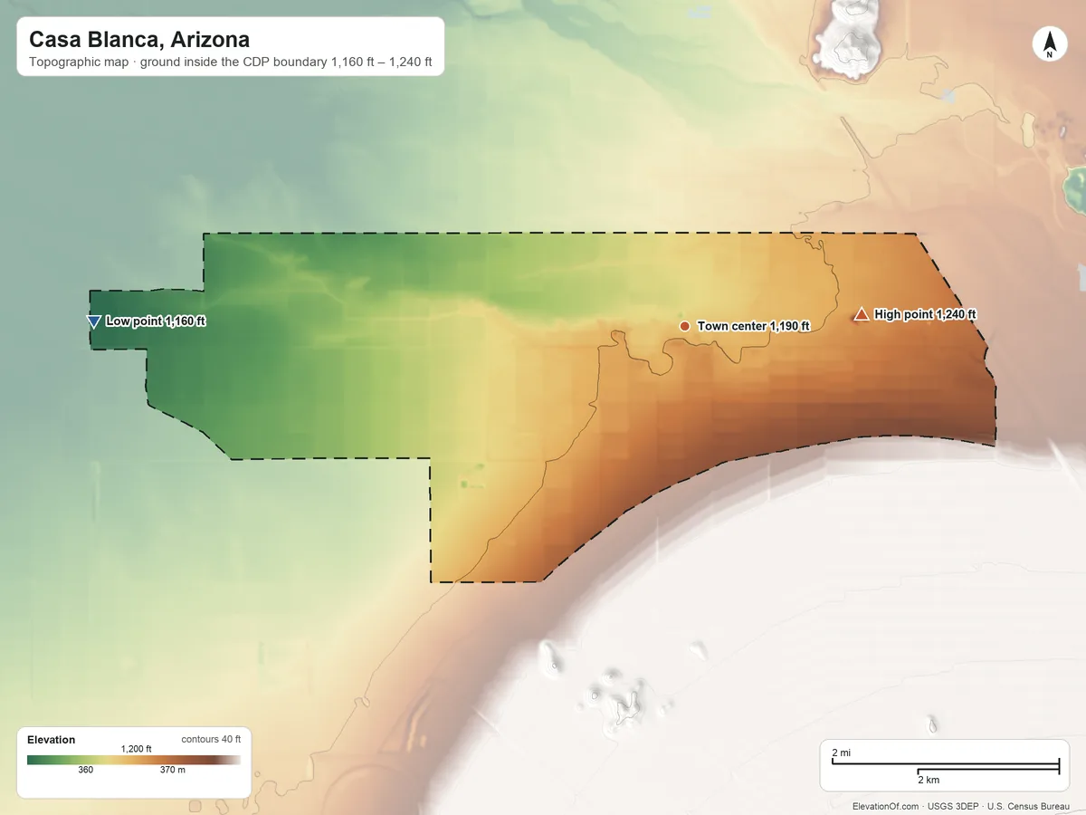 Topographic elevation map of Casa Blanca, Arizona, shaded from 1,160 ft on the west side to 1,240 ft on the east side