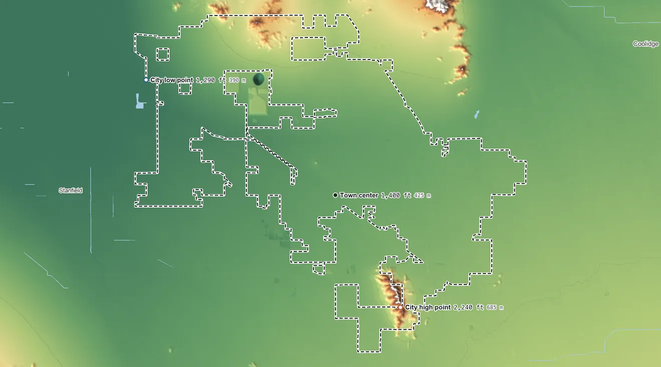 Topographic elevation map of Casa Grande, Arizona, shaded from 1,290 ft on the northwest side to 2,240 ft on the southeast side