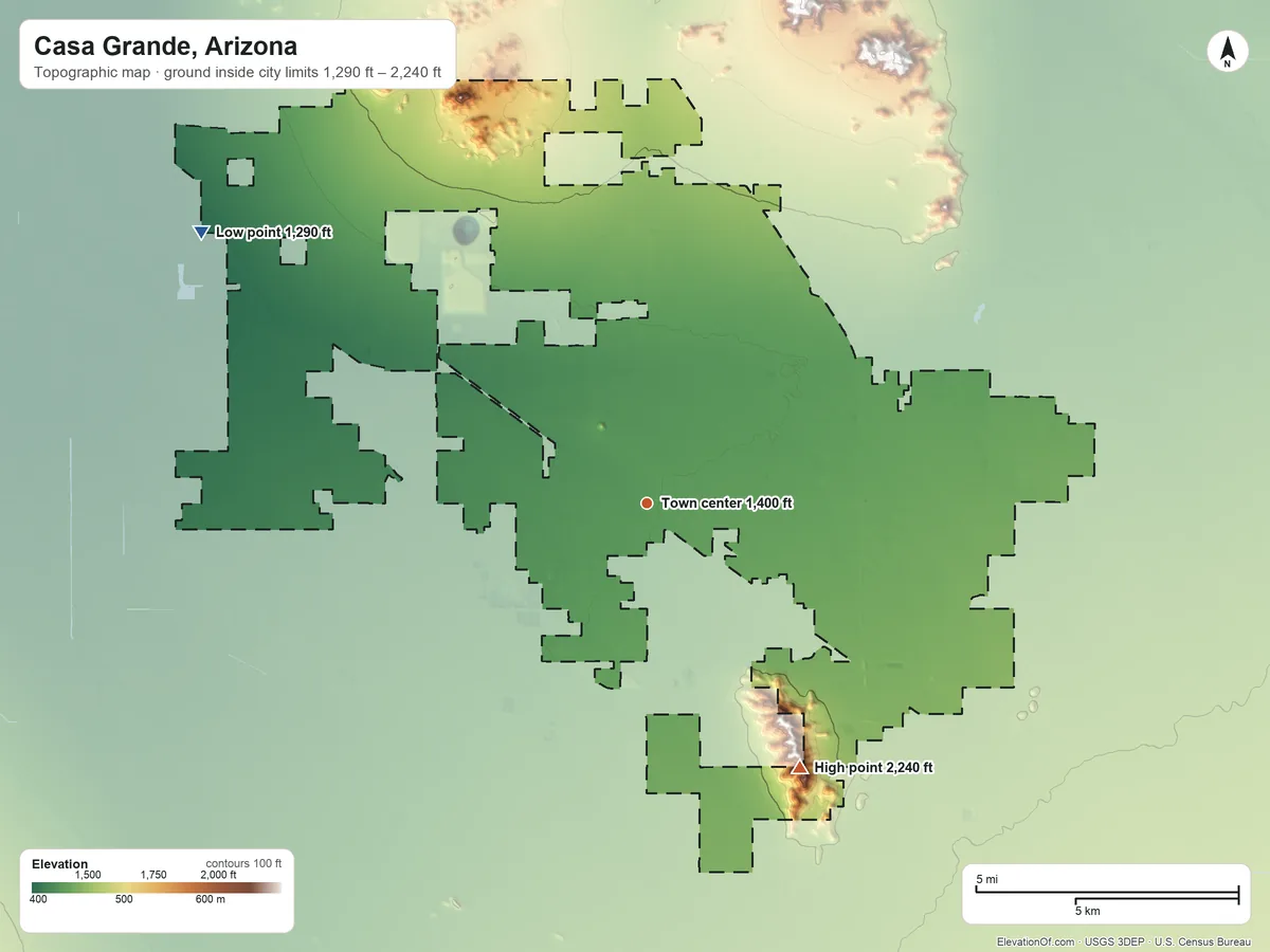 Topographic elevation map of Casa Grande, Arizona, shaded from 1,290 ft on the northwest side to 2,240 ft on the southeast side