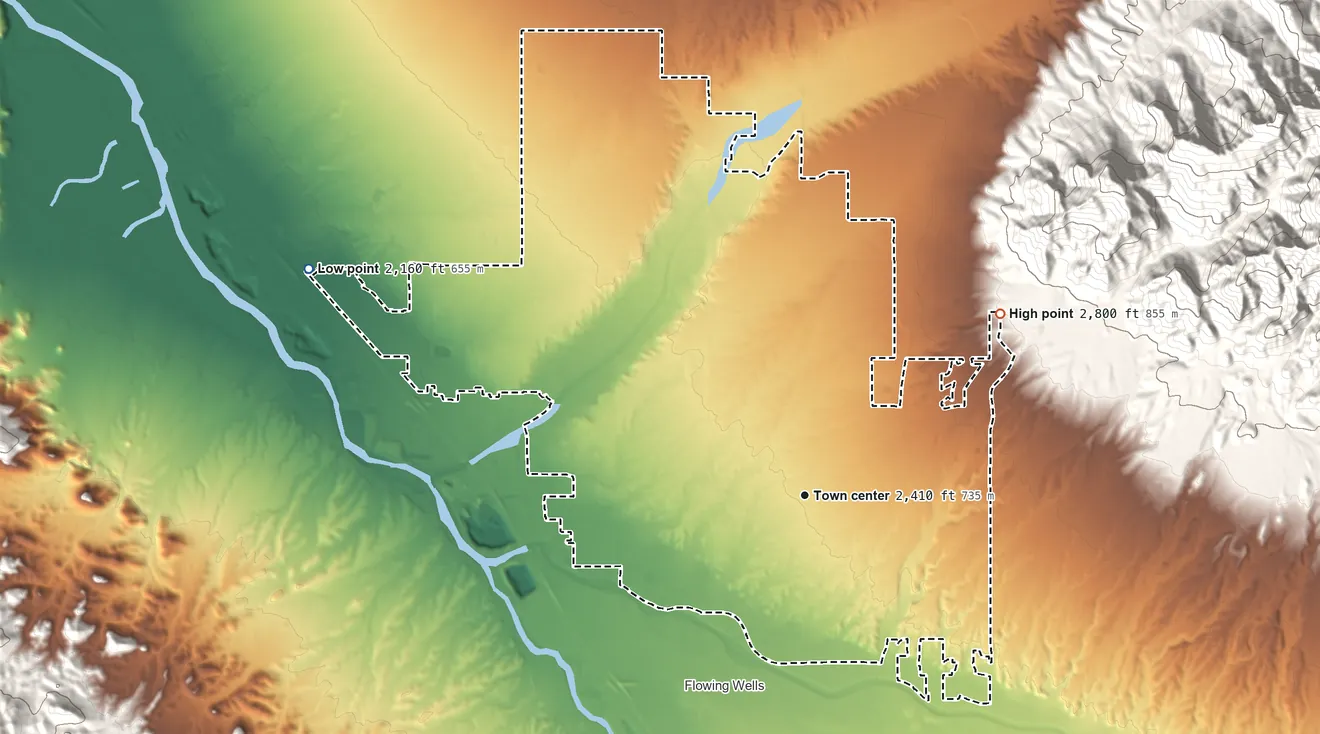 Topographic elevation map of Casas Adobes, Arizona, shaded from 2,160 ft on the northwest side to 2,800 ft at the foot of the Tortolita Mountains
