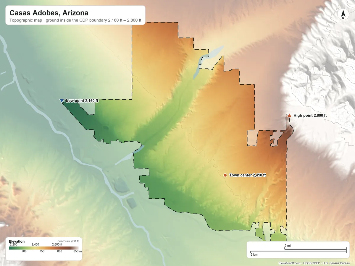 Topographic elevation map of Casas Adobes, Arizona, shaded from 2,160 ft on the northwest side to 2,800 ft at the foot of the Tortolita Mountains