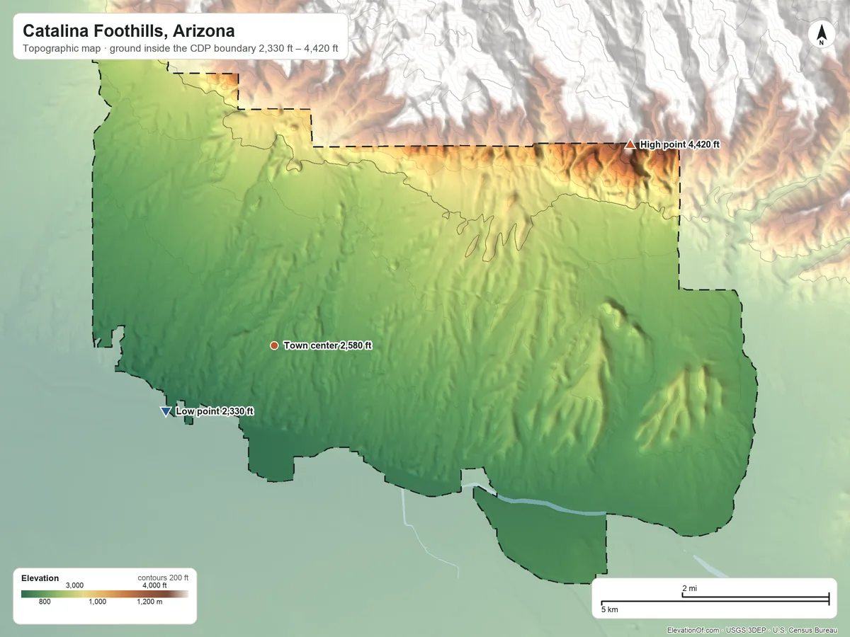 Topographic elevation map of Catalina Foothills, Arizona, shaded from 2,330 ft on the southwest side to 4,420 ft at the foot of the Santa Catalina Mountains