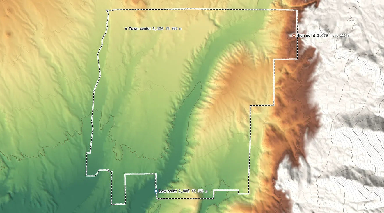 Topographic elevation map of Catalina, Arizona, shaded from 2,880 ft on the south side to 3,670 ft at the foot of the Santa Catalina Mountains