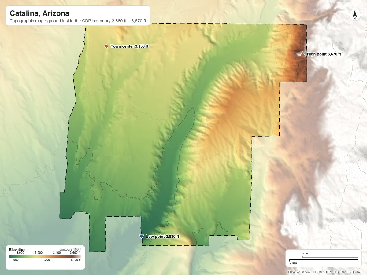 Topographic elevation map of Catalina, Arizona, shaded from 2,880 ft on the south side to 3,670 ft at the foot of the Santa Catalina Mountains