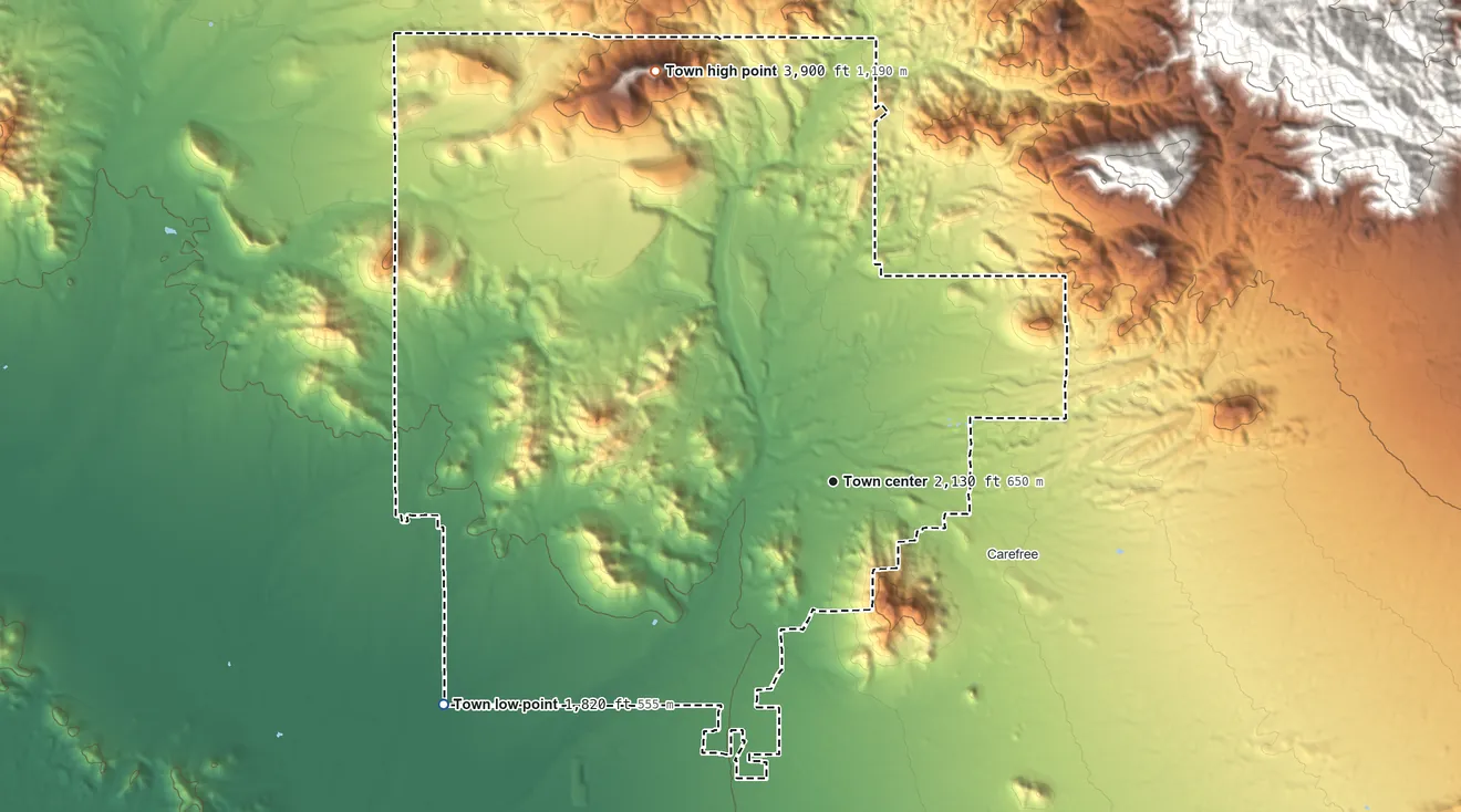 Topographic elevation map of Cave Creek, Arizona, shaded from 1,820 ft on the southwest side to 3,900 ft on Elephant Mountain