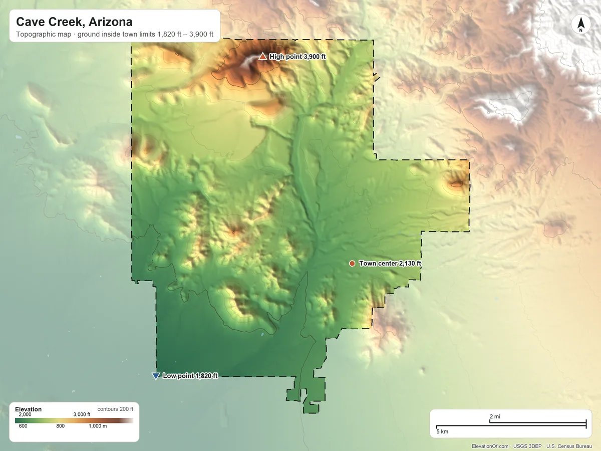 Topographic elevation map of Cave Creek, Arizona, shaded from 1,820 ft on the southwest side to 3,900 ft on Elephant Mountain