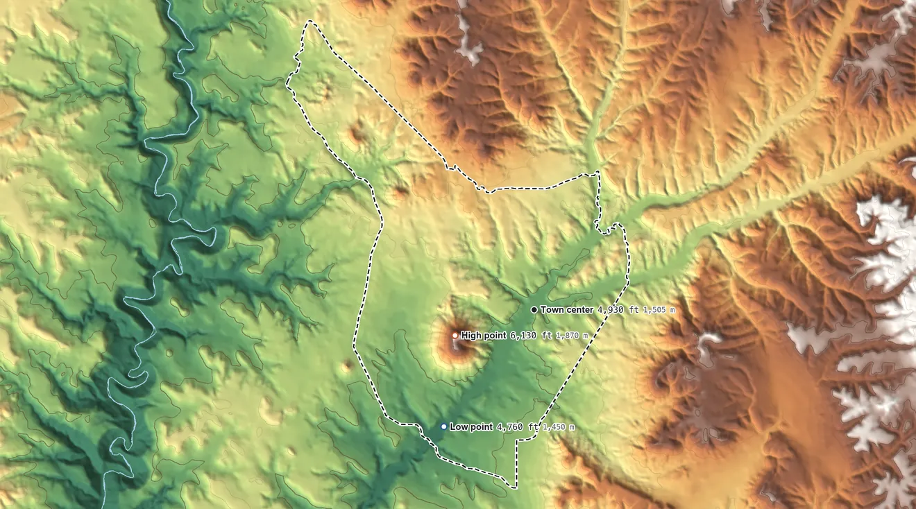 Topographic elevation map of Cedar Creek, Arizona, shaded from 4,760 ft on the southwest side to 6,134 ft on Silver Butte