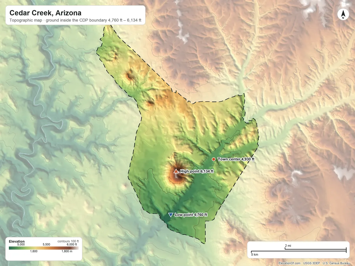 Topographic elevation map of Cedar Creek, Arizona, shaded from 4,760 ft on the southwest side to 6,134 ft on Silver Butte