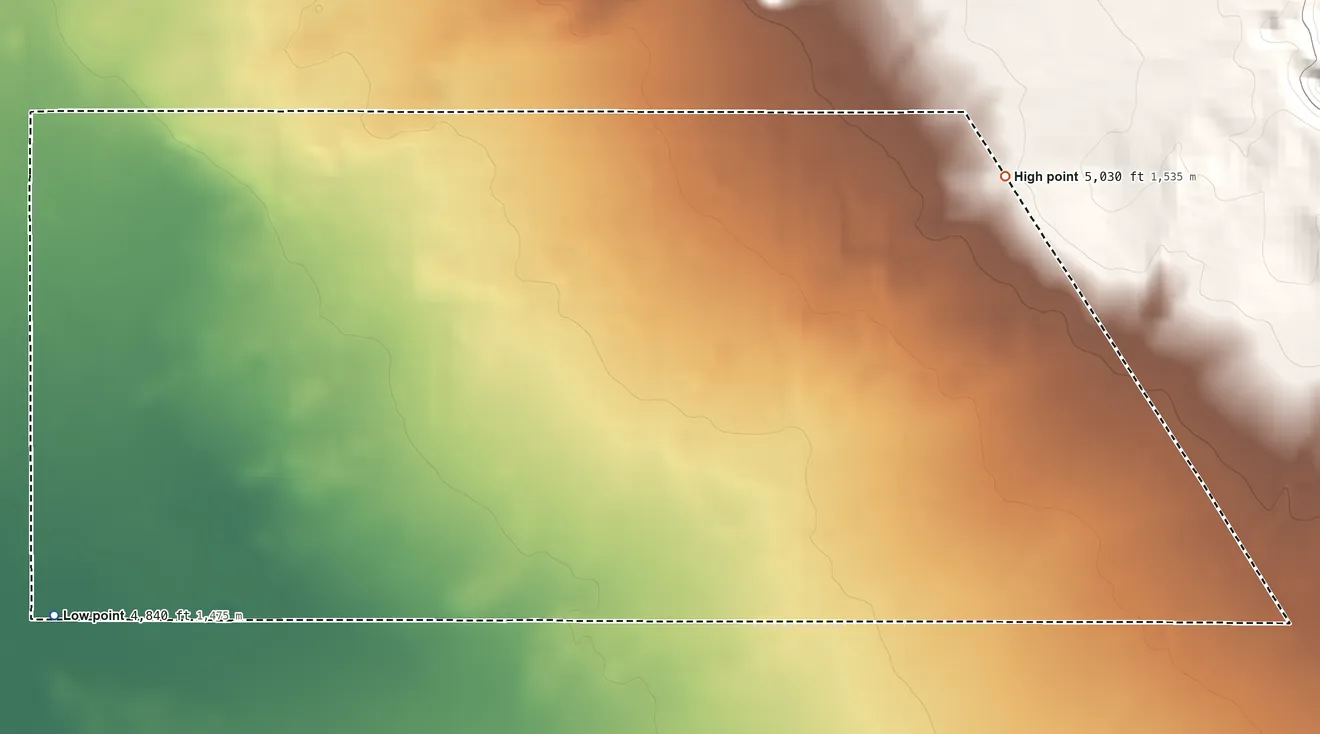 Topographic elevation map of Centennial Park, Arizona, shaded from 4,840 ft on the southwest side to 5,030 ft at the foot of the Moccasin Mountains