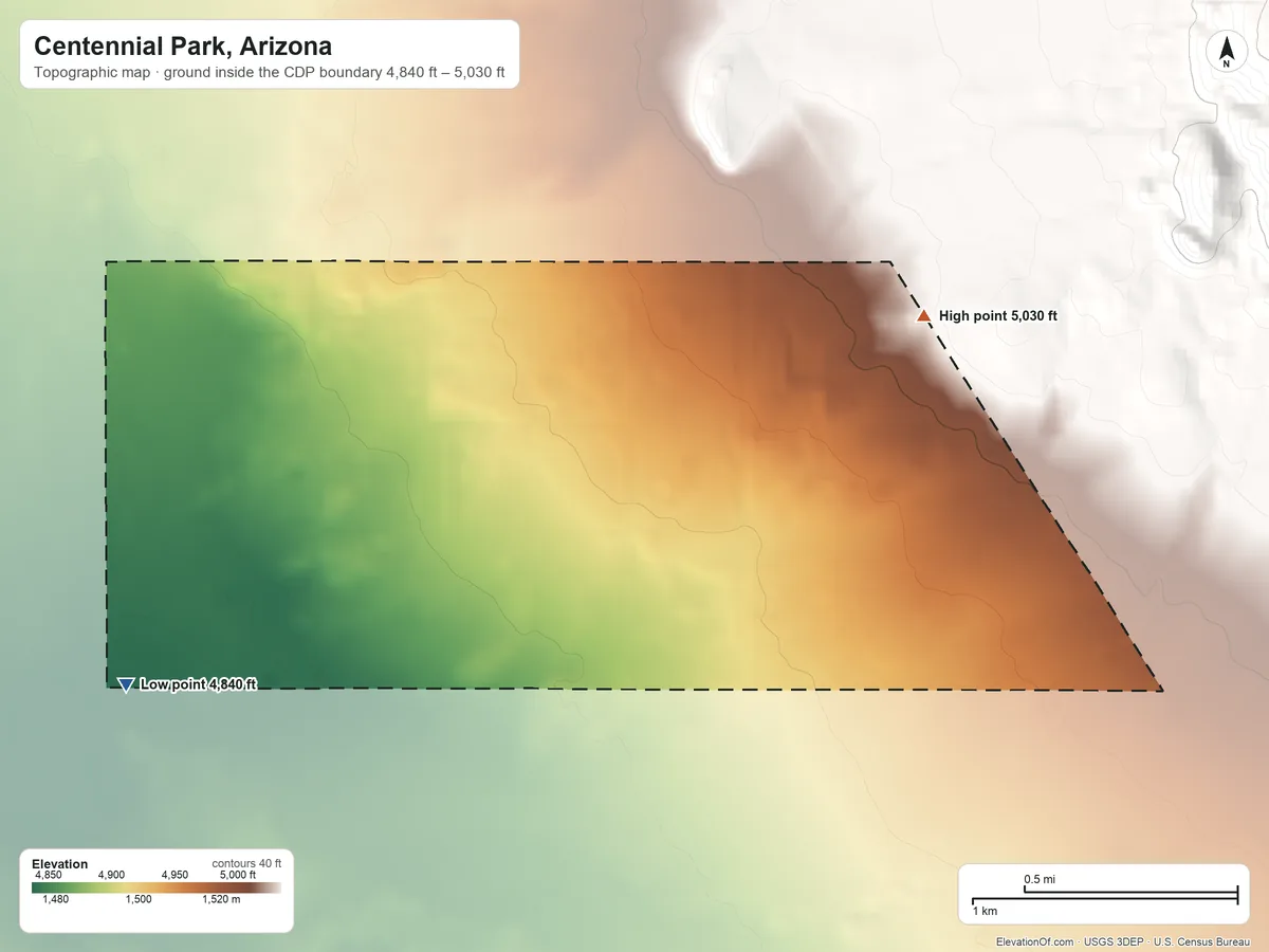 Topographic elevation map of Centennial Park, Arizona, shaded from 4,840 ft on the southwest side to 5,030 ft at the foot of the Moccasin Mountains
