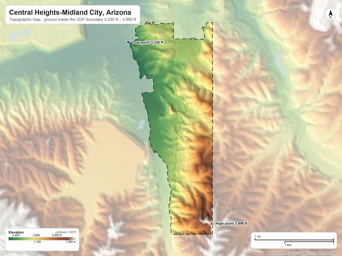 Topographic elevation map of Central Heights-Midland City, Arizona, shaded from 3,330 ft on the northwest side to 3,990 ft on the south side