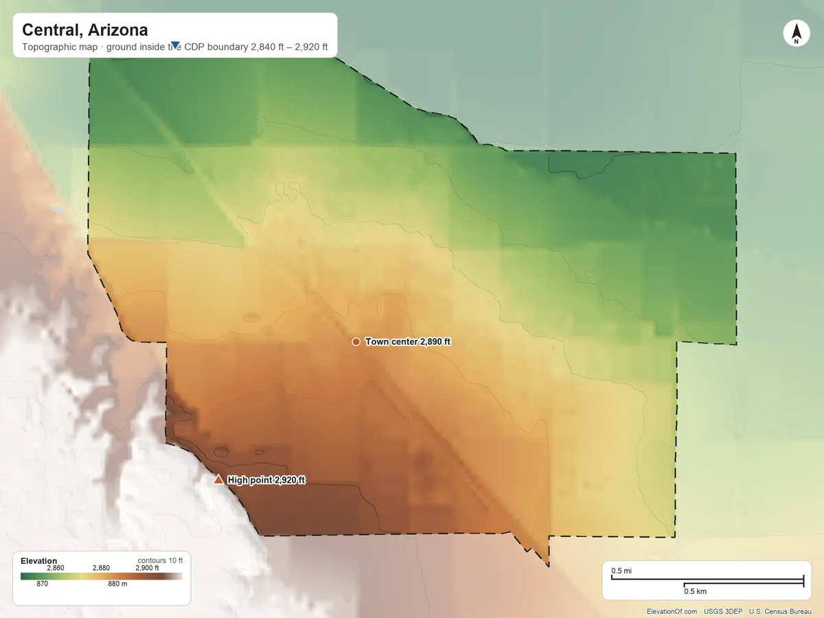 Topographic elevation map of Central, Arizona, shaded from 2,840 ft on the northwest side to 2,920 ft on the southwest side