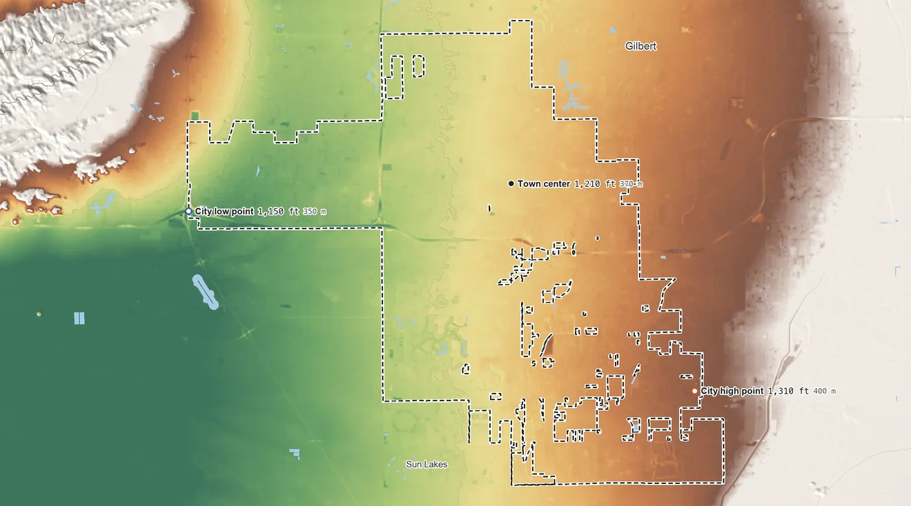 Topographic elevation map of Chandler, Arizona, shaded from 1,150 ft on the west side to 1,310 ft on the southeast side