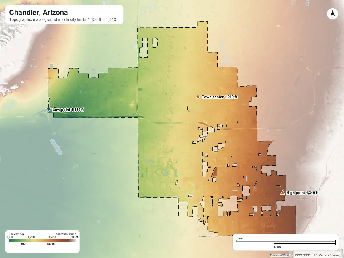 Topographic elevation map of Chandler, Arizona, shaded from 1,150 ft on the west side to 1,310 ft on the southeast side