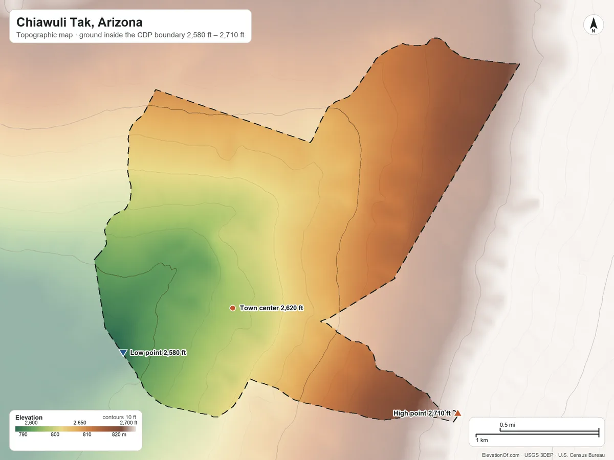 Topographic elevation map of Chiawuli Tak, Arizona, shaded from 2,580 ft on the west side to 2,710 ft on the southeast side