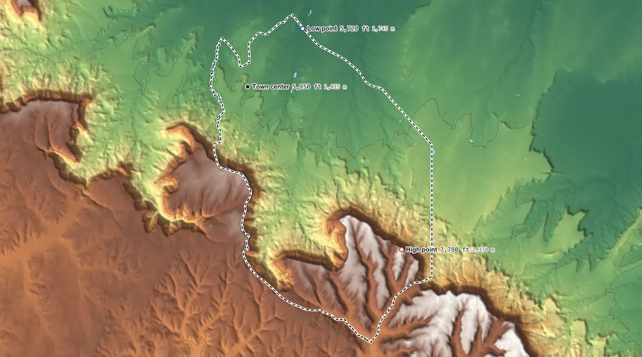 Topographic elevation map of Chilchinbito, Arizona, shaded from 5,720 ft on the northeast side to 7,780 ft on the southeast side