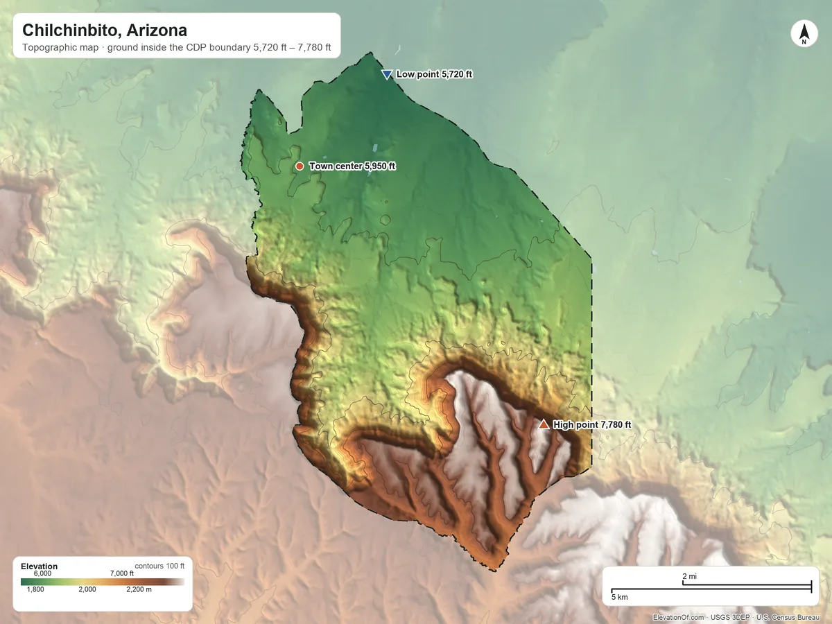Topographic elevation map of Chilchinbito, Arizona, shaded from 5,720 ft on the northeast side to 7,780 ft on the southeast side