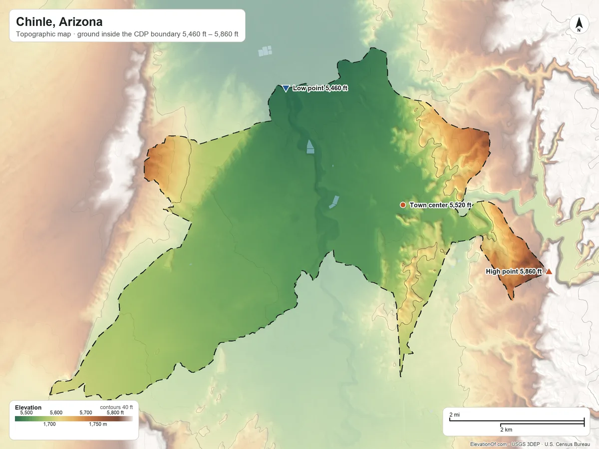 Topographic elevation map of Chinle, Arizona, shaded from 5,460 ft on the northwest side to 5,860 ft on the southeast side