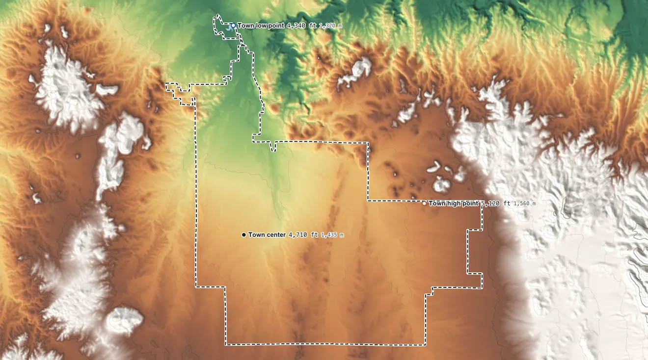Topographic elevation map of Chino Valley, Arizona, shaded from 4,340 ft on the north side to 5,120 ft on the east side