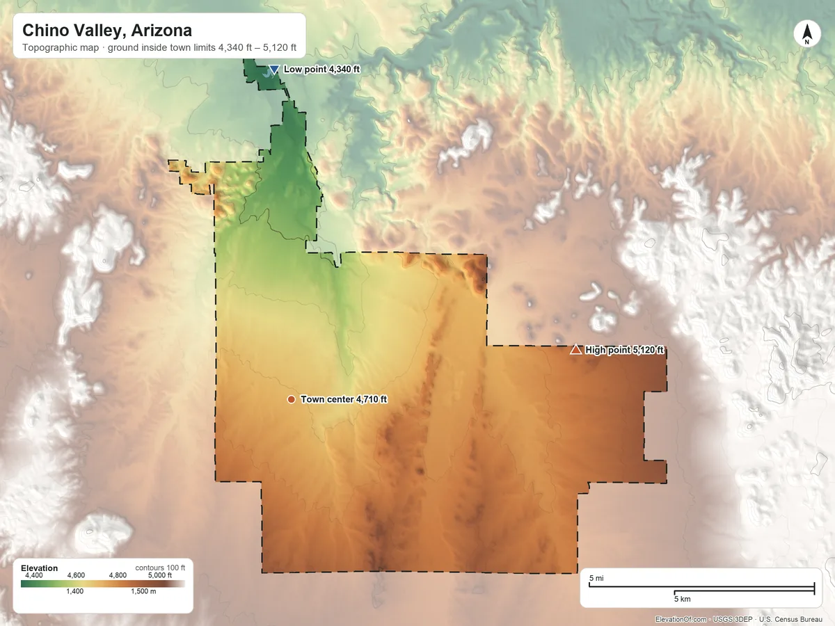 Topographic elevation map of Chino Valley, Arizona, shaded from 4,340 ft on the north side to 5,120 ft on the east side