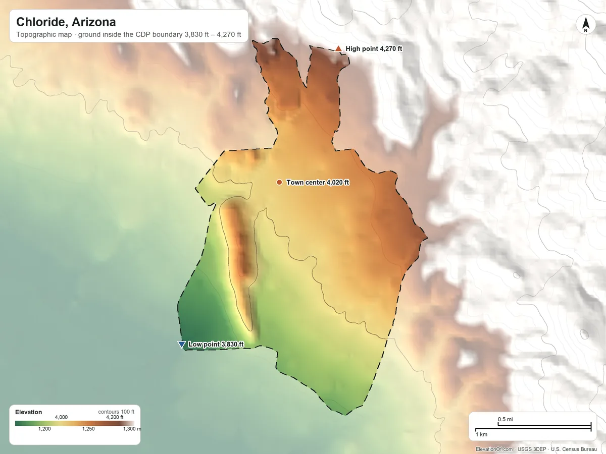 Topographic elevation map of Chloride, Arizona, shaded from 3,830 ft on the southwest side to 4,270 ft at the foot of the Cerbat Mountains