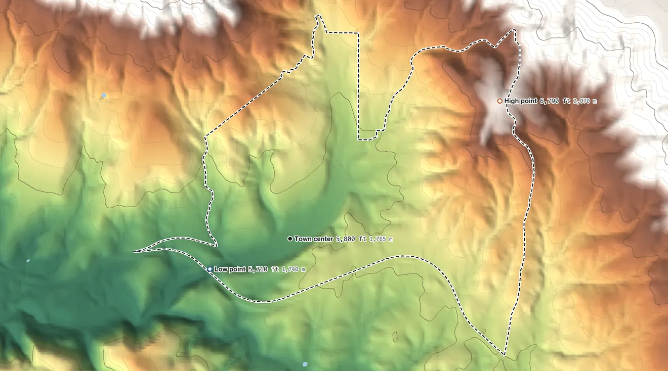 Topographic elevation map of Christopher Creek, Arizona, shaded from 5,710 ft on the west side to 6,790 ft at the foot of the Green Valley Hills