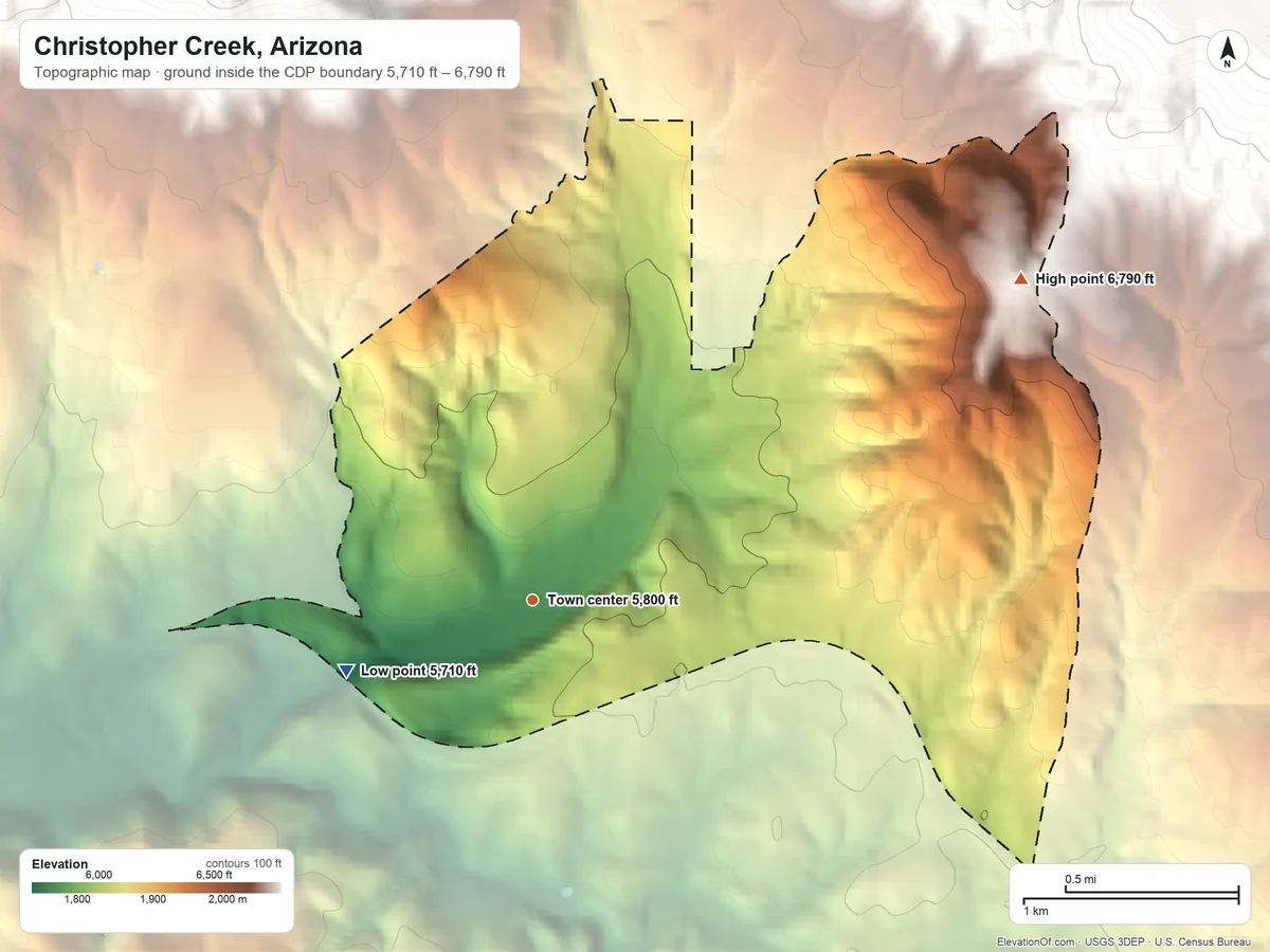 Topographic elevation map of Christopher Creek, Arizona, shaded from 5,710 ft on the west side to 6,790 ft at the foot of the Green Valley Hills