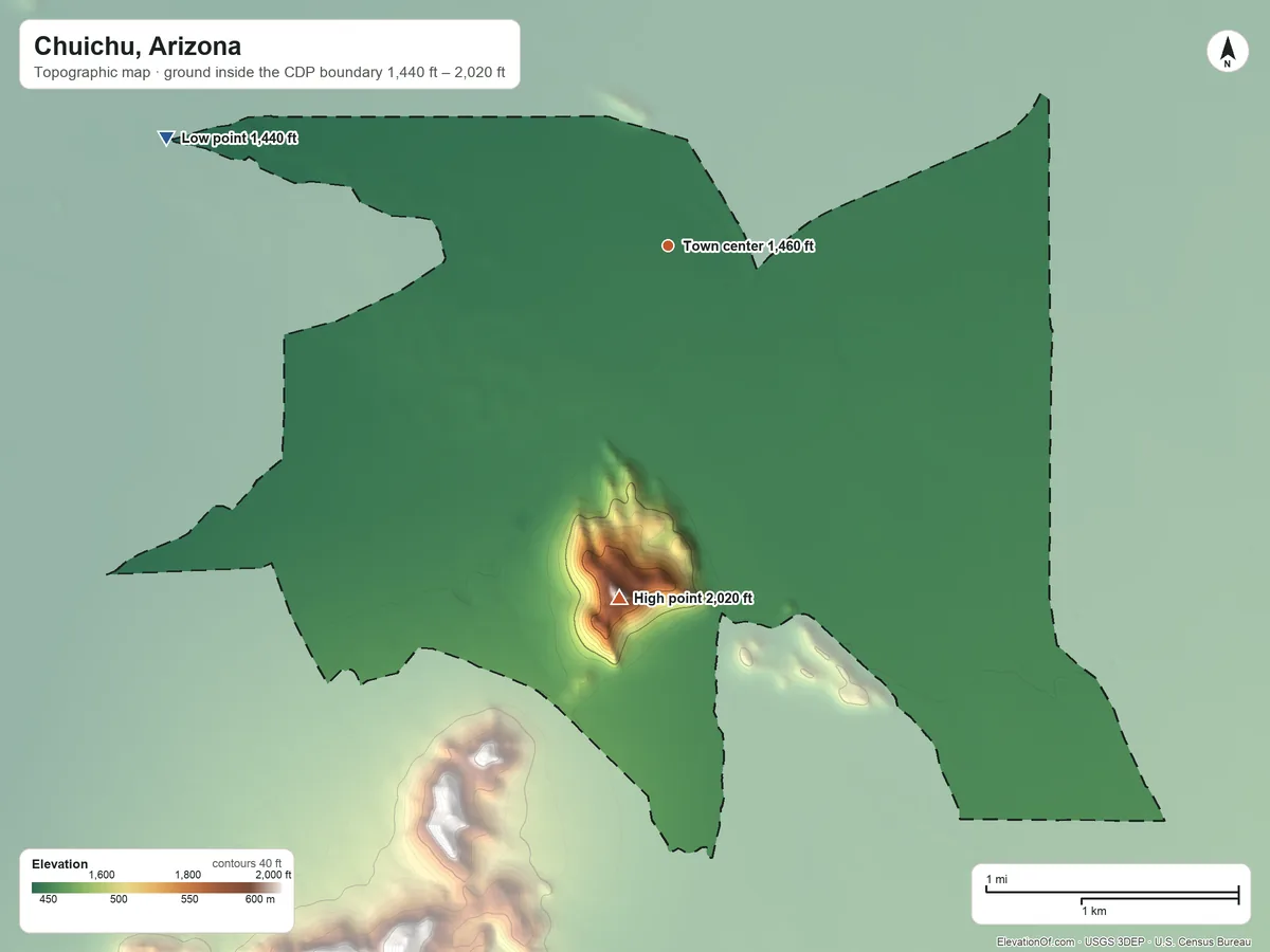 Topographic elevation map of Chuichu, Arizona, shaded from 1,440 ft on the west side to 2,020 ft at the foot of the Silver Reef Mountains