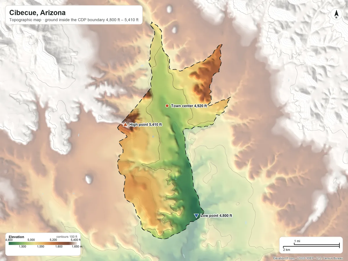Topographic elevation map of Cibecue, Arizona, shaded from 4,800 ft on the south side to 5,410 ft on the southwest side