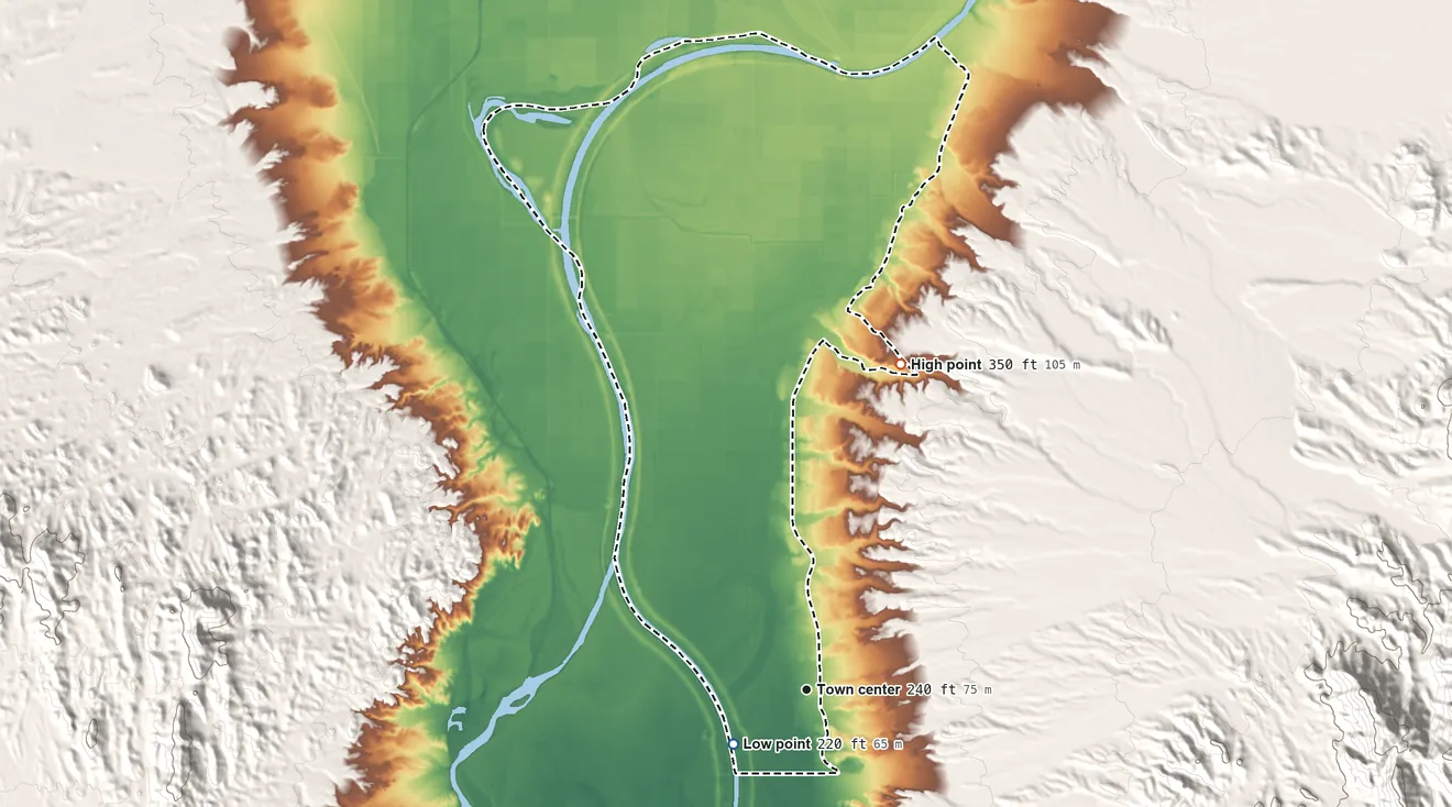 Topographic elevation map of Cibola, Arizona, shaded from 220 ft on the southwest side to 350 ft on the north side